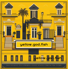 Illustration of a vibrant yellow building with palm trees, featuring the text 'yellow.god.fish' prominently displayed.