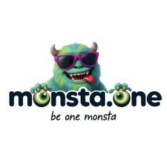 Buntes Monster mit Sonnenbrille und lustigem Gesicht, Logo von MonstaOne.