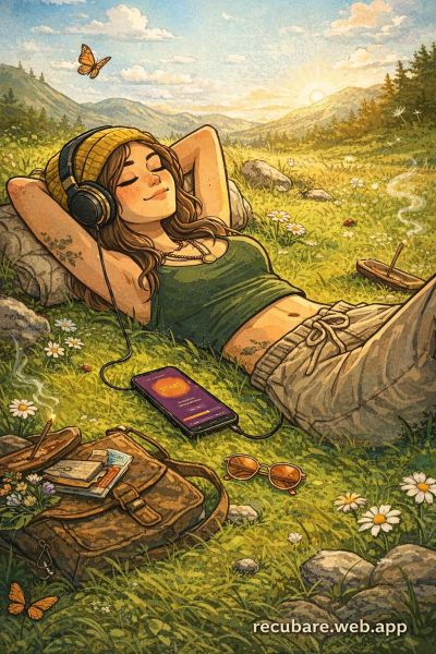 Ein entspannter Mensch mit Kopfhörern liegt auf einer Wiese in den Bergen, umgeben von Blumen und Schmetterlingen. In der Nähe befinden sich ein Rucksack und persönliche Gegenstände.
