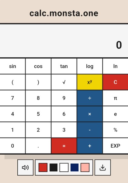 Screenshot einer virtuellen Taschenrechner-App mit verschiedenen mathematischen Funktionen, die oben 0 anzeigen. Die Tasten umfassen Sinus, Cosinus, Tangens, Logarithmus, pi und andere mathematische Operationen.
