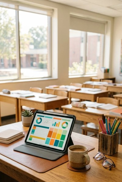 Ein Tablet mit Diagrammen steht auf einem Tisch in einem Klassenzimmer, umgeben von Schulmaterialien und einer Tasse Kaffee.