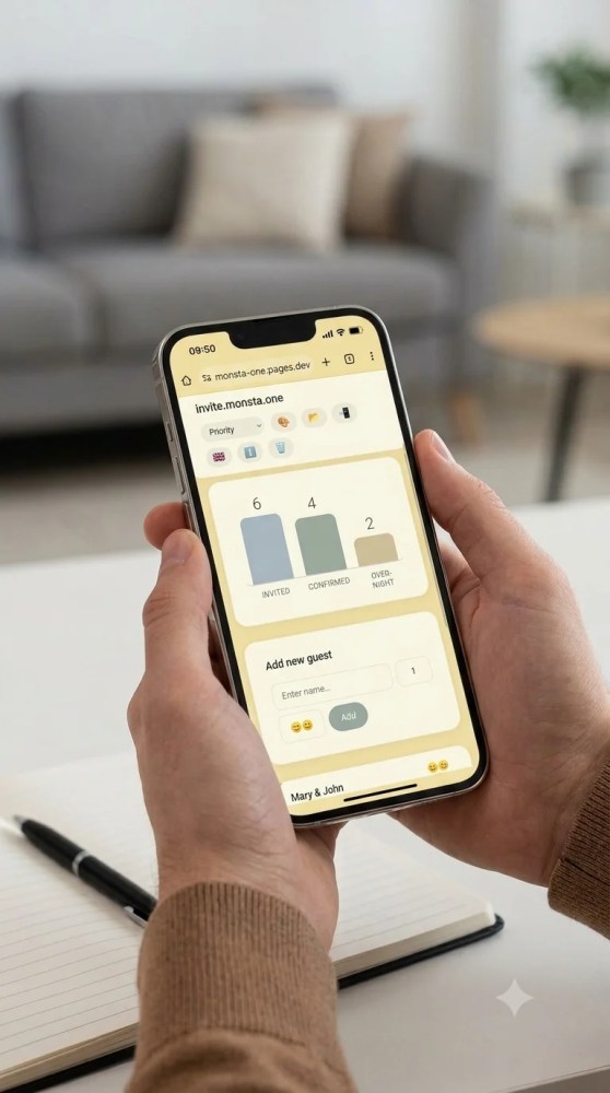 Ein Smartphone wird in der Hand gehalten, während eine Webseite mit grafischen Elementen angezeigt wird, die zur Einladung von Gästen dient. Im Hintergrund ist ein gemütliches Wohnzimmer mit einem Sofa und einem Tisch zu sehen.